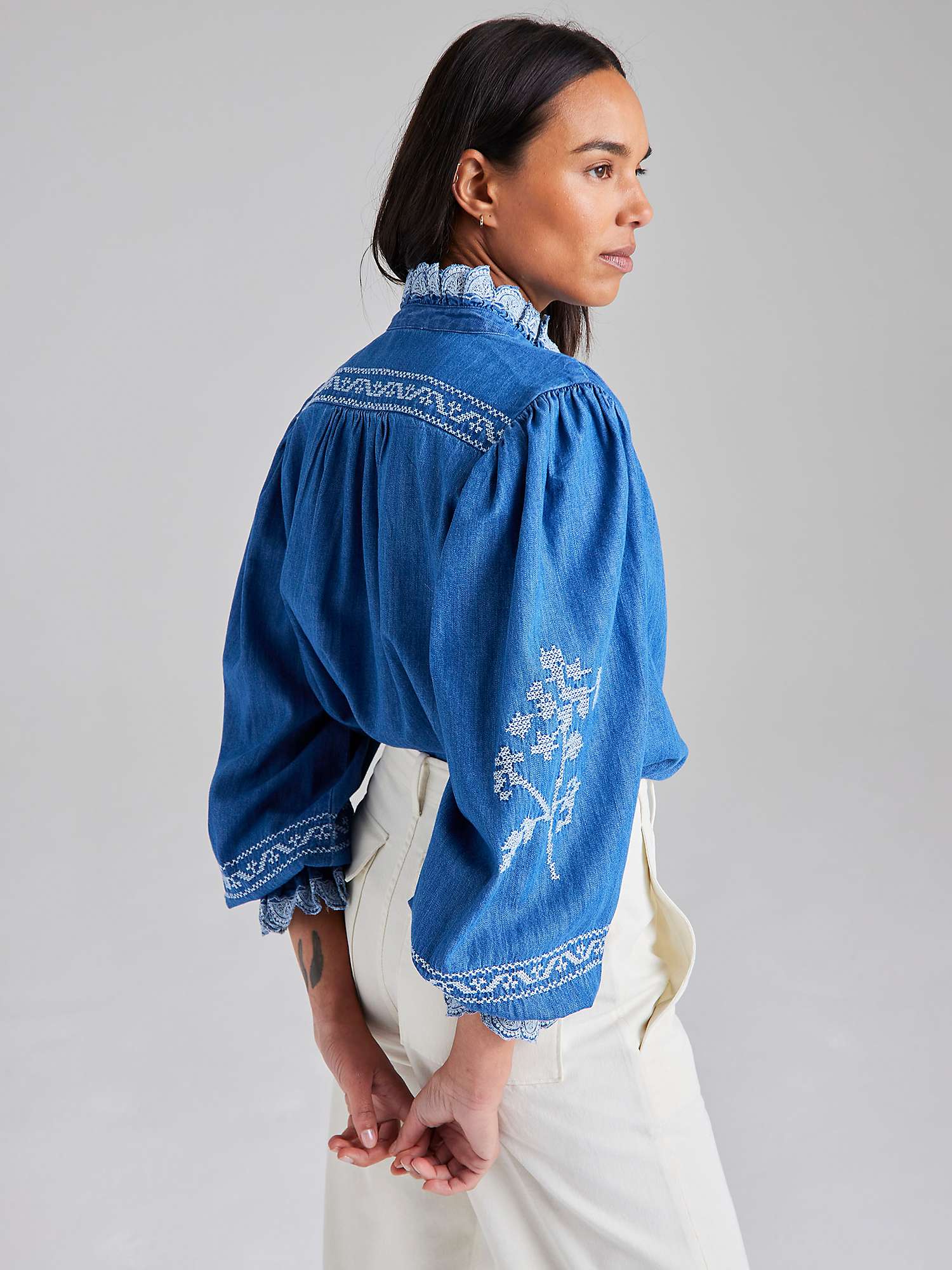 Buy Cape Cove Cow Parsley Embroidered Denim Blouse, Blue Online at johnlewis.com