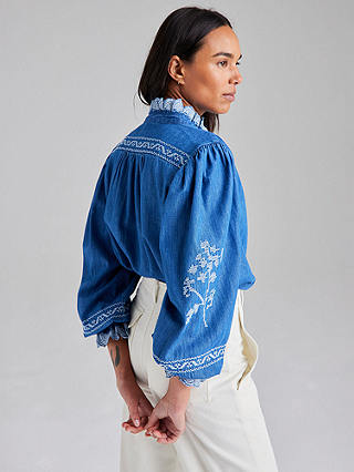 Cape Cove Cow Parsley Embroidered Denim Blouse, Blue