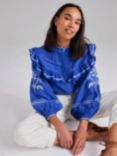 Cape Cove Embroidered Pintuck Ruffle Blouse, Dazzling Blue