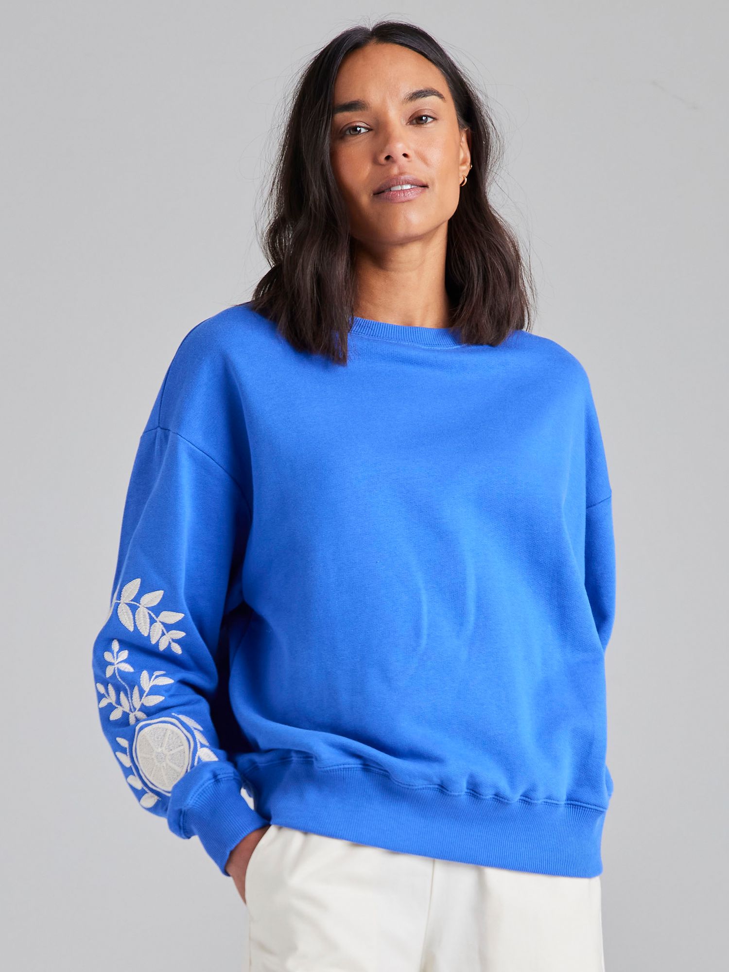 Cape Cove Embroidered Sleeve Cotton Sweatshirt, Dazzling Blue at John ...
