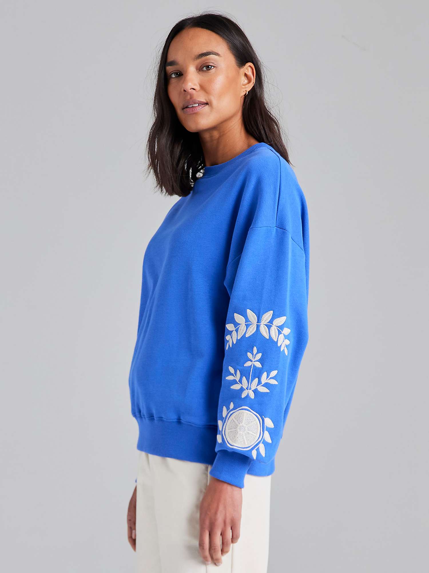 Buy Cape Cove Embroidered Sleeve Cotton Sweatshirt, Dazzling Blue Online at johnlewis.com