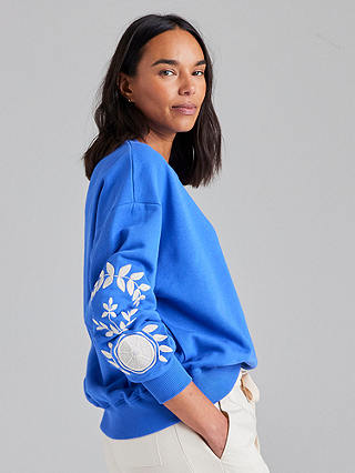 Cape Cove Embroidered Sleeve Cotton Sweatshirt, Dazzling Blue
