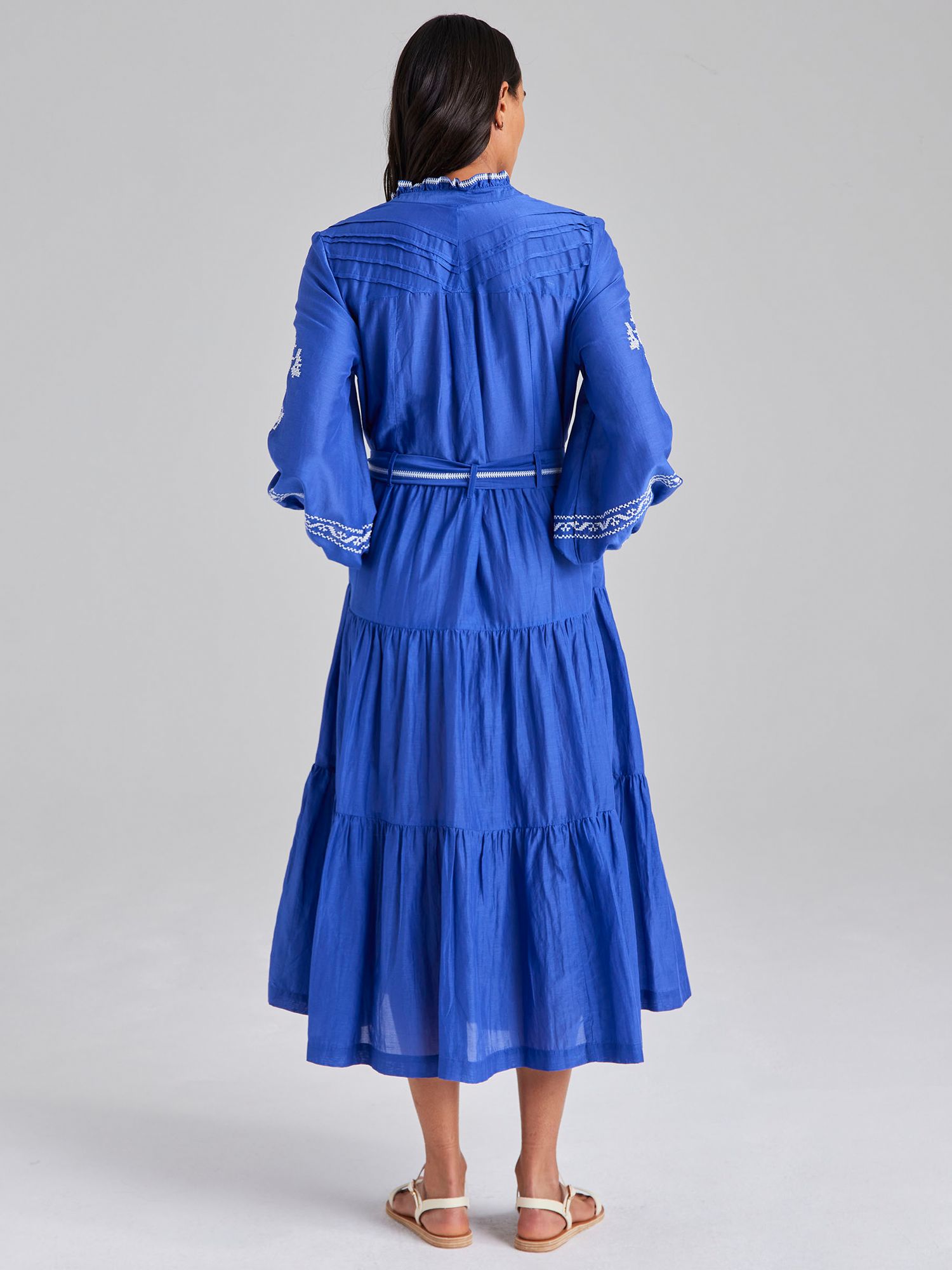 Cape Cove Cow Parsley Embroidered Cotton Silk Blend Midi Dress, Dazzling Blue, XL