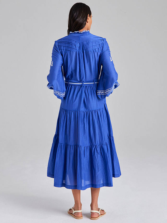 Cape Cove Cow Parsley Embroidered Cotton Silk Blend Midi Dress, Dazzling Blue