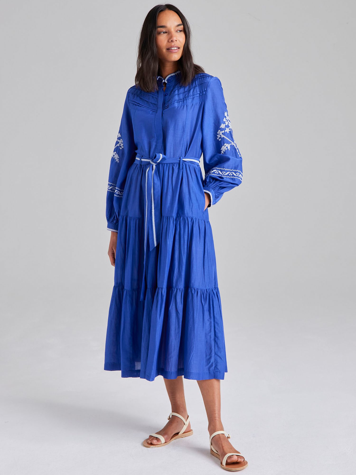Vineyard Visit Blue Embroidered Tie-Strap Tiered Midi Dress