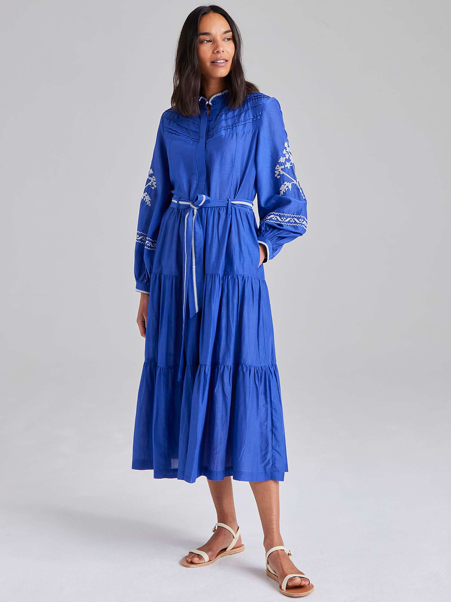 Buy Cape Cove Cow Parsley Embroidered Cotton Silk Blend Midi Dress, Dazzling Blue Online at johnlewis.com