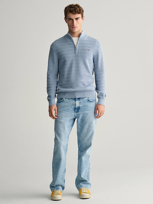 GANT Half-Zip Striped Cotton Knit Jumper, Blue
