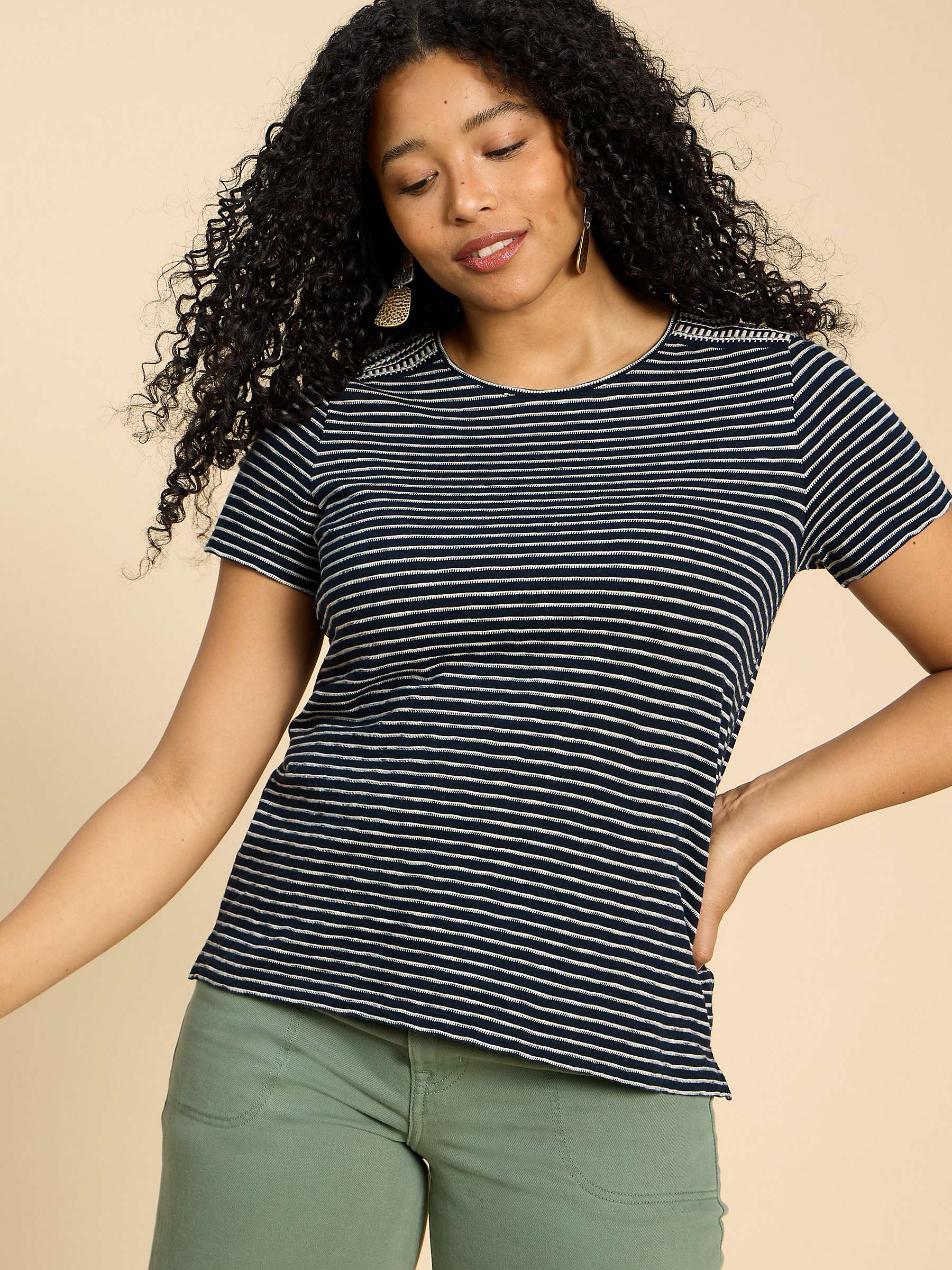 Buy White Stuff Abbie Embroidered Stripe Cotton T-Shirt, Ivory/Black Online at johnlewis.com