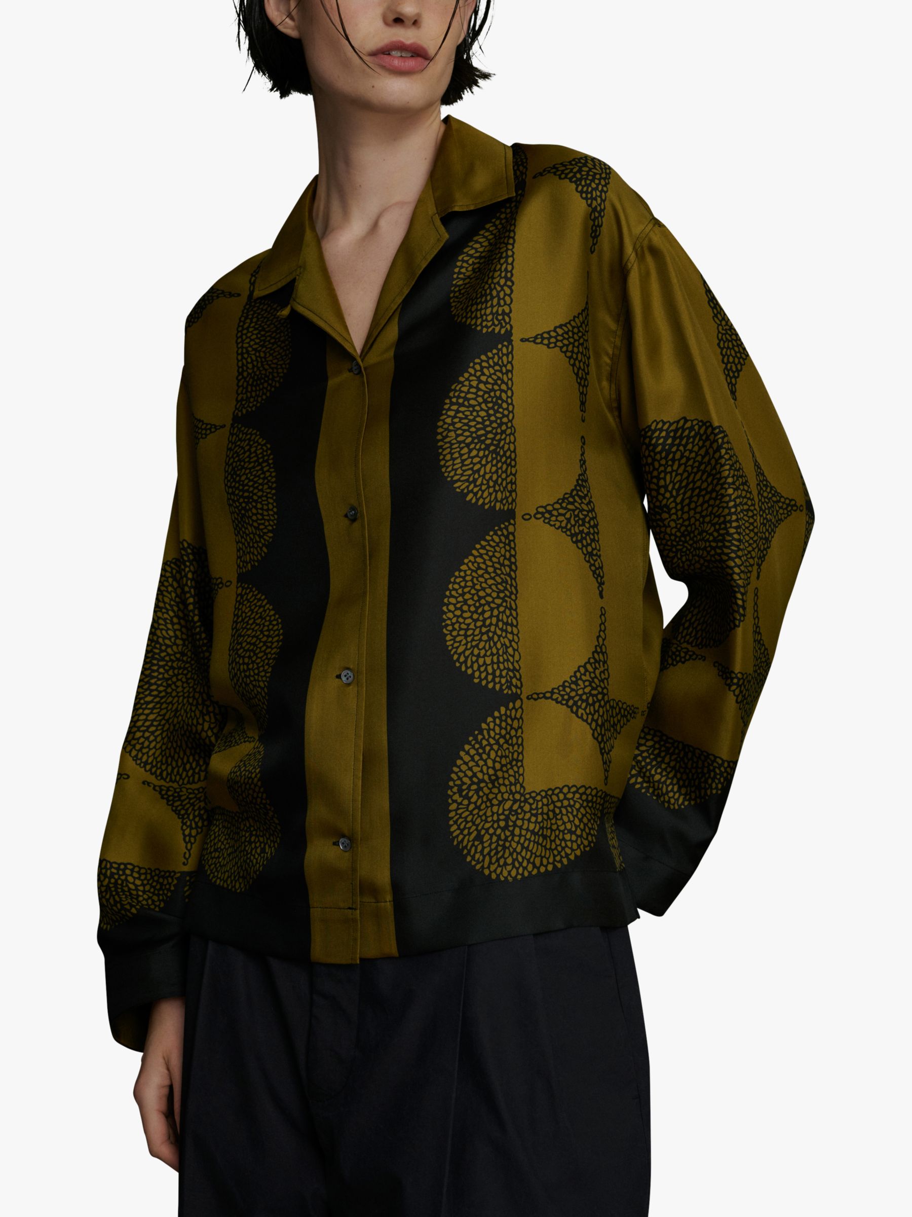 SOEUR Aragon Pochoir Print Silk Twill Shirt, Kaki/Noir at John Lewis ...