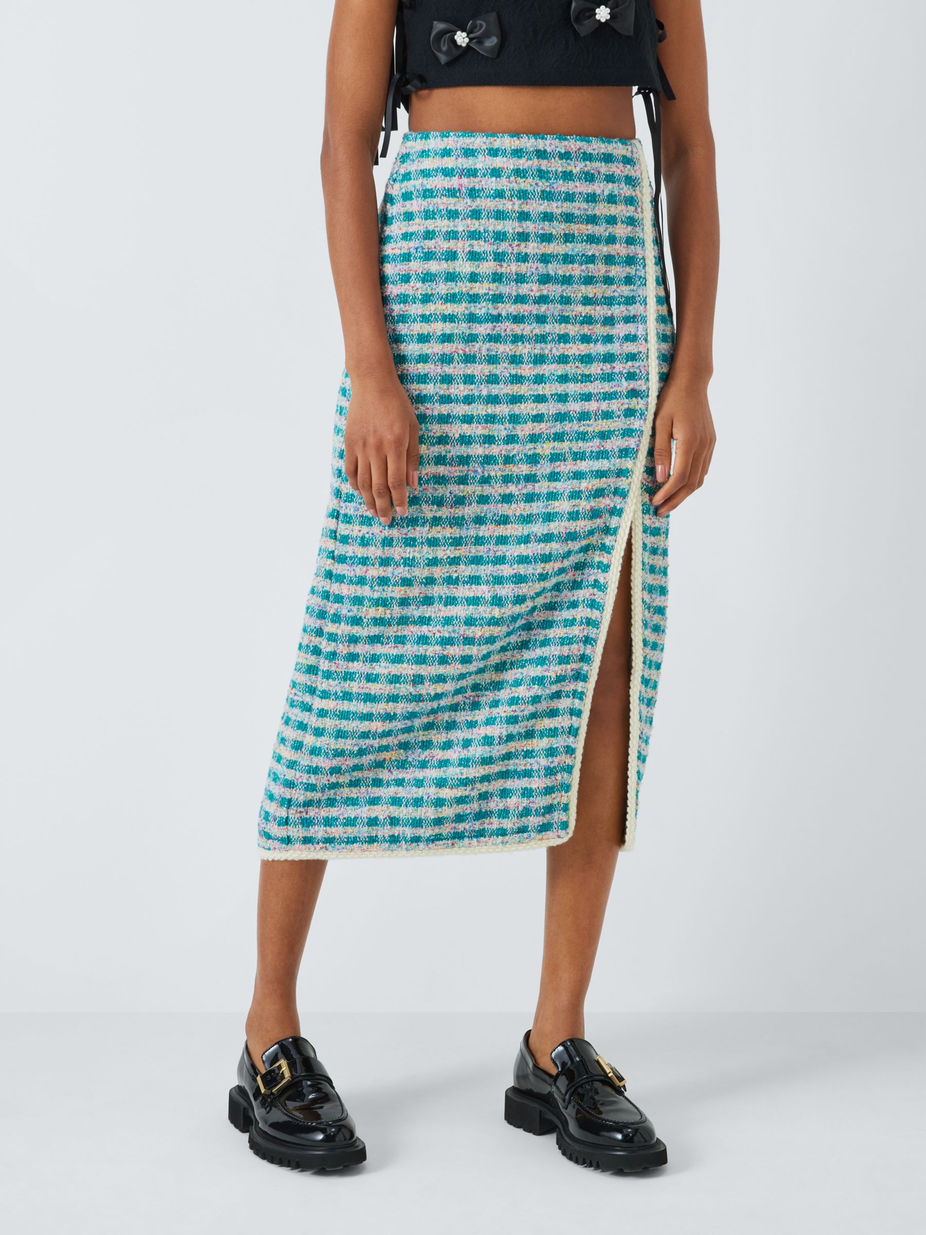 Sister Jane Dream Check Tweed Midi Skirt, Turquoise/Multi, 8