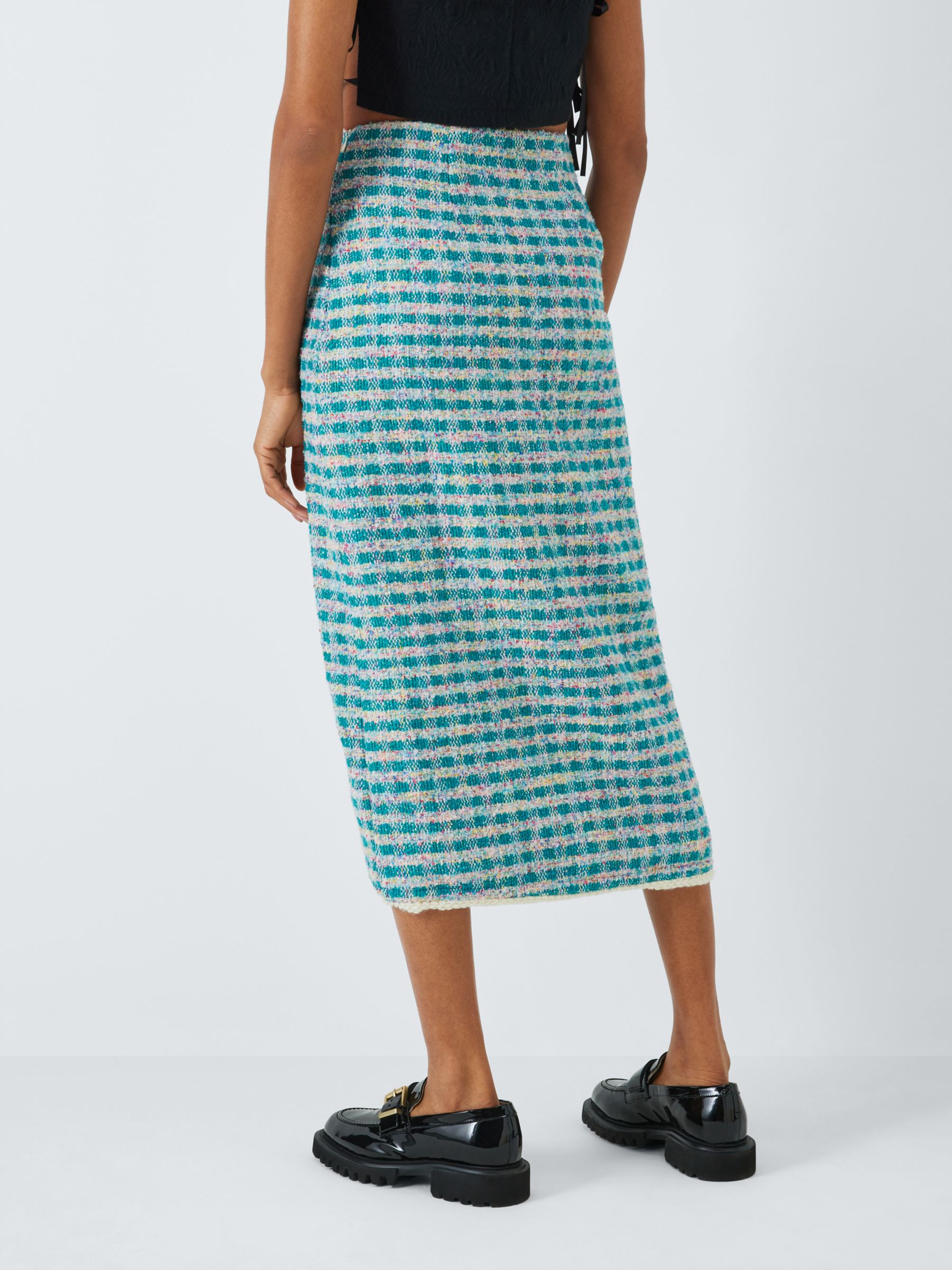 Sister Jane Dream Check Tweed Midi Skirt, Turquoise/Multi, 8