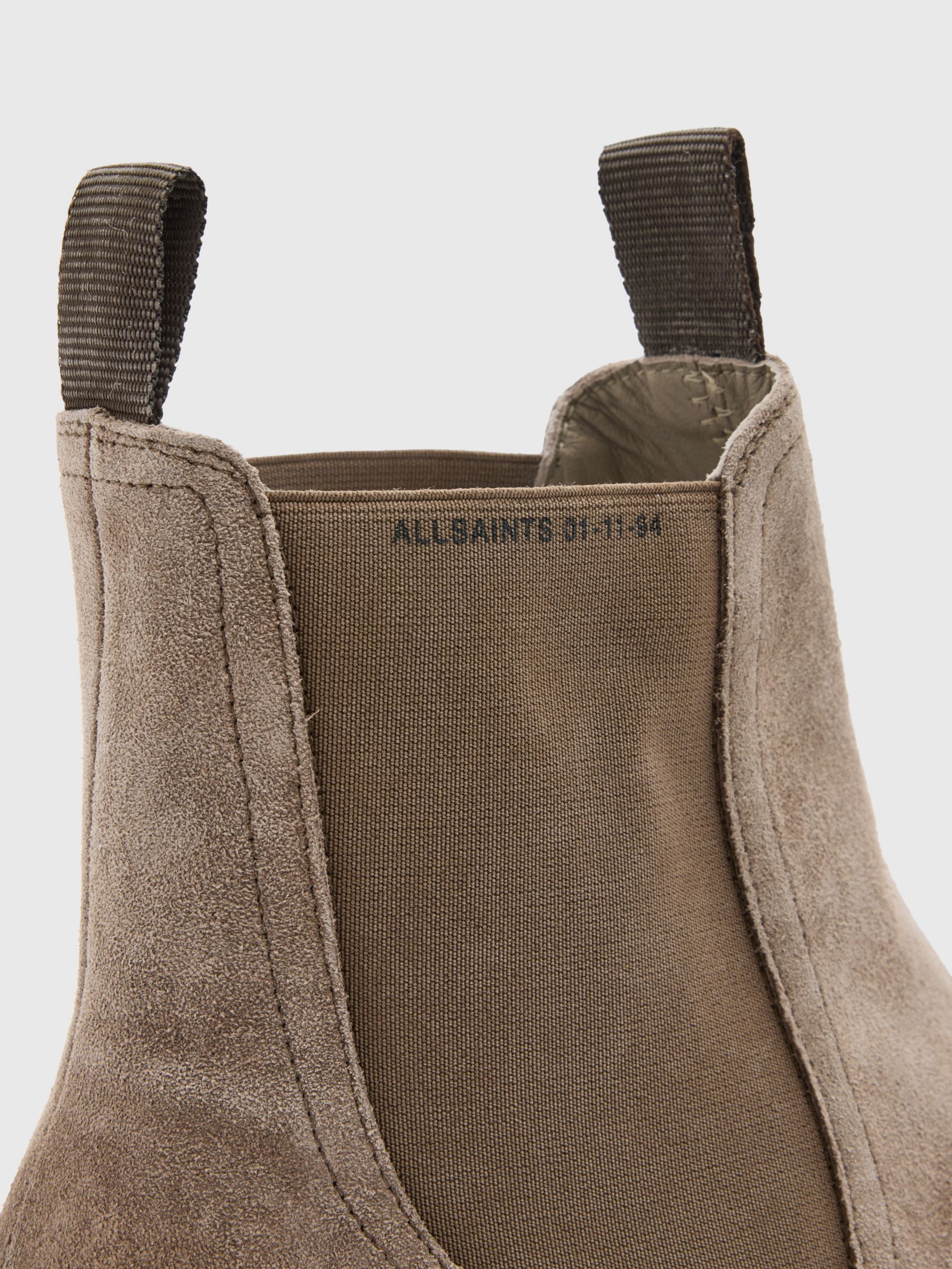 AllSaints Driver Suede Chelsea Boots, Taupe, 10