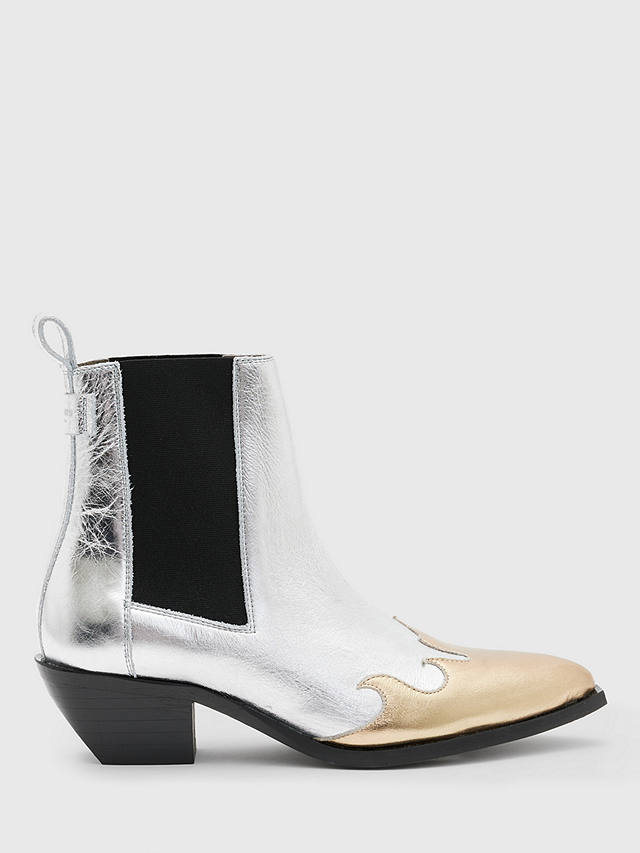 AllSaints Della Cowboy Leather Ankle Boots, Silver/Gold