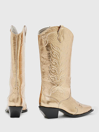 AllSaints Dolly Leather Metallic Cowboy Boots, Gold