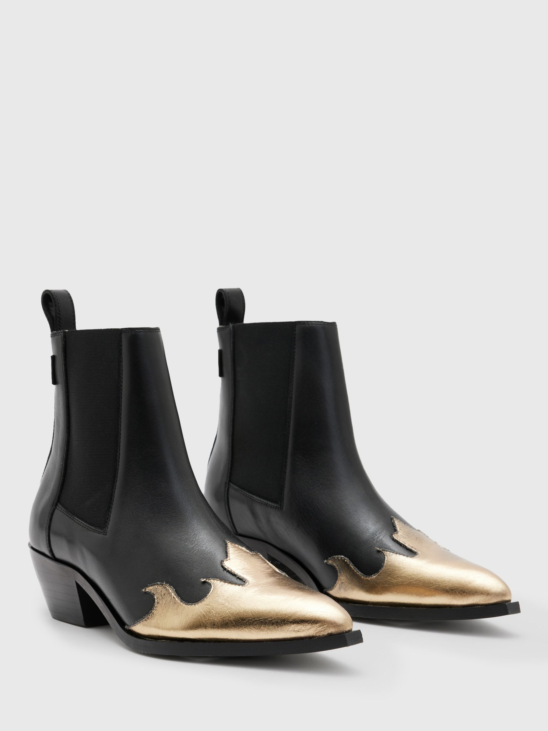 AllSaints Dellaware Leather Boots, Black/Gold, 6