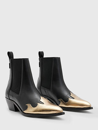 AllSaints Dellaware Leather Boots, Black/Gold