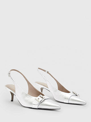 AllSaints Selina Leather Slingback Shoes, Metallic Silver