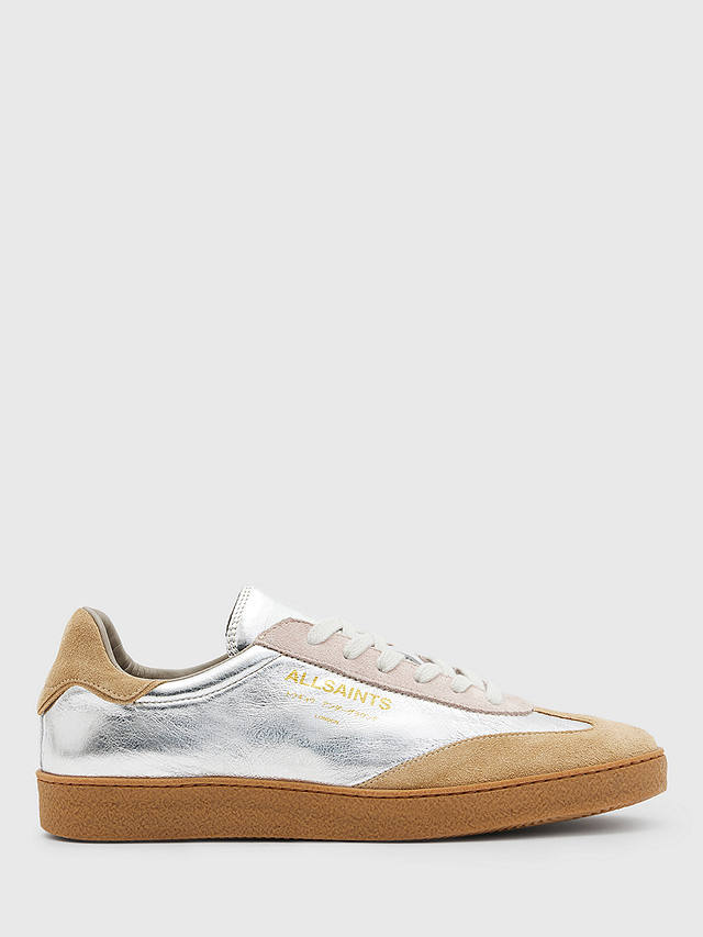 AllSaints Thelma Metallic Leather Trainers, Silver/Rose Pink/Tan