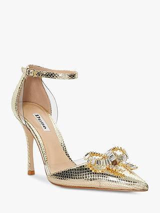 Dune Confess Bow Detail Heeled Court Shoes, Gold