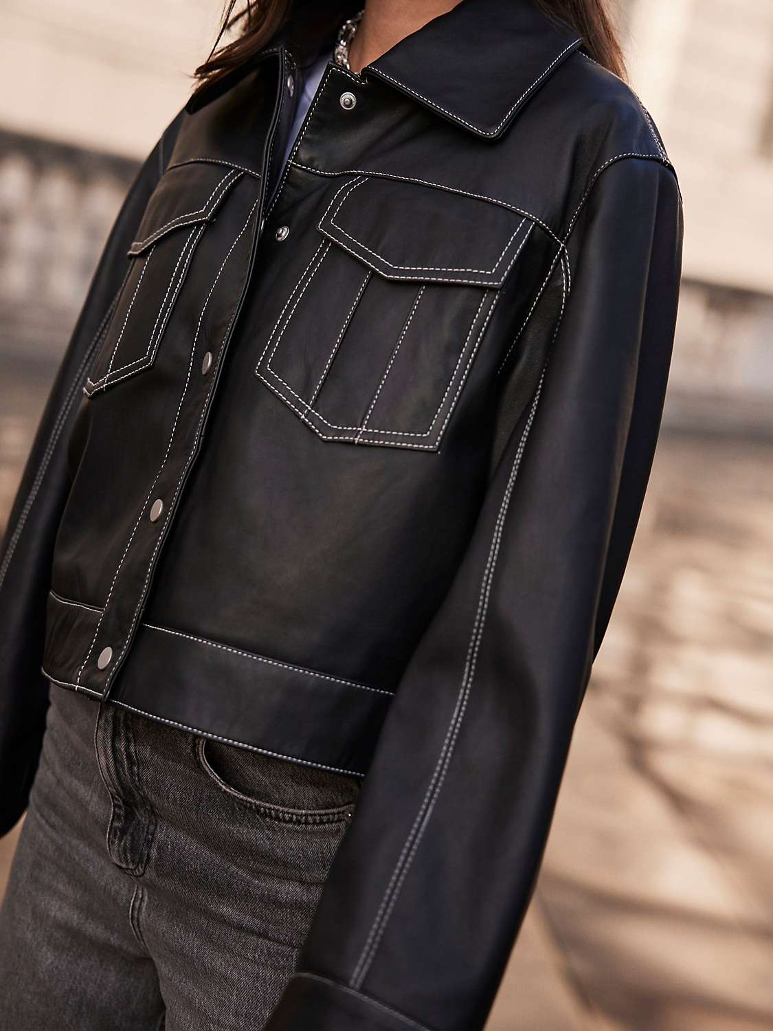 Buy Mint Velvet Cropped Boxy Leather Jacket, Black Online at johnlewis.com