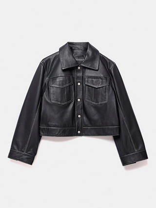 Mint Velvet Cropped Boxy Leather Jacket, Black