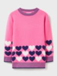 Crew Clothing Kids' Border Heart Drop Shoulder Jumper, Raspberry Pink/Multi