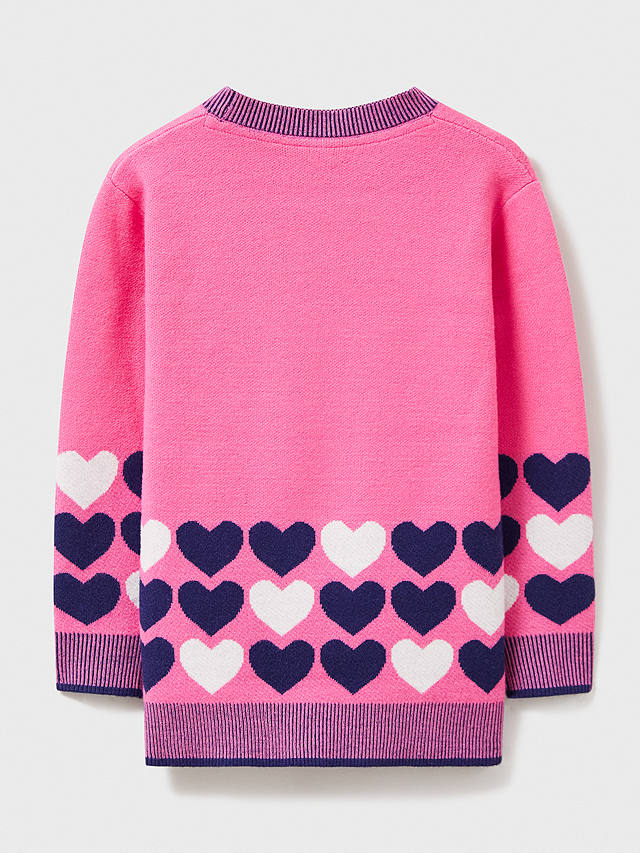 Crew Clothing Kids' Border Heart Drop Shoulder Jumper, Raspberry Pink/Multi