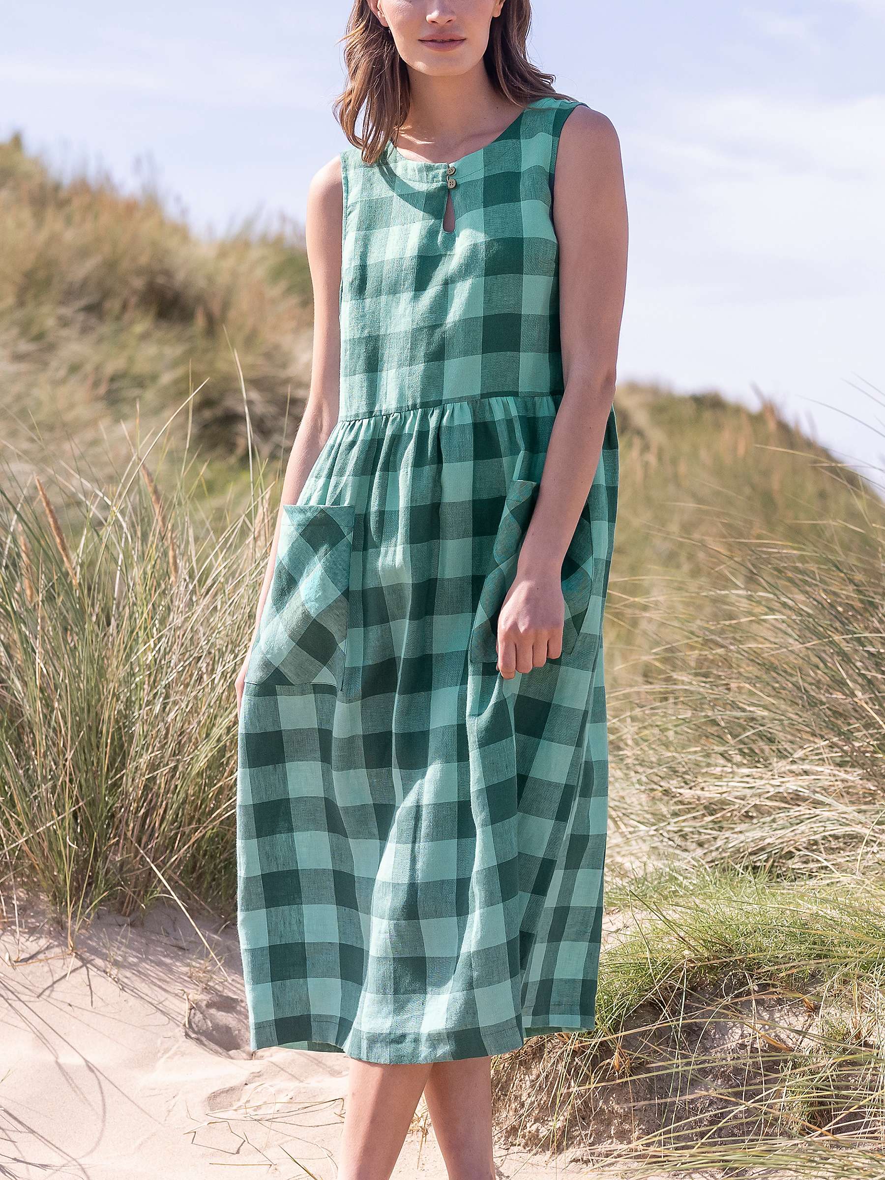 Buy Celtic & Co. Linen Button Detail Check Midi Dress, Sea Green Online at johnlewis.com