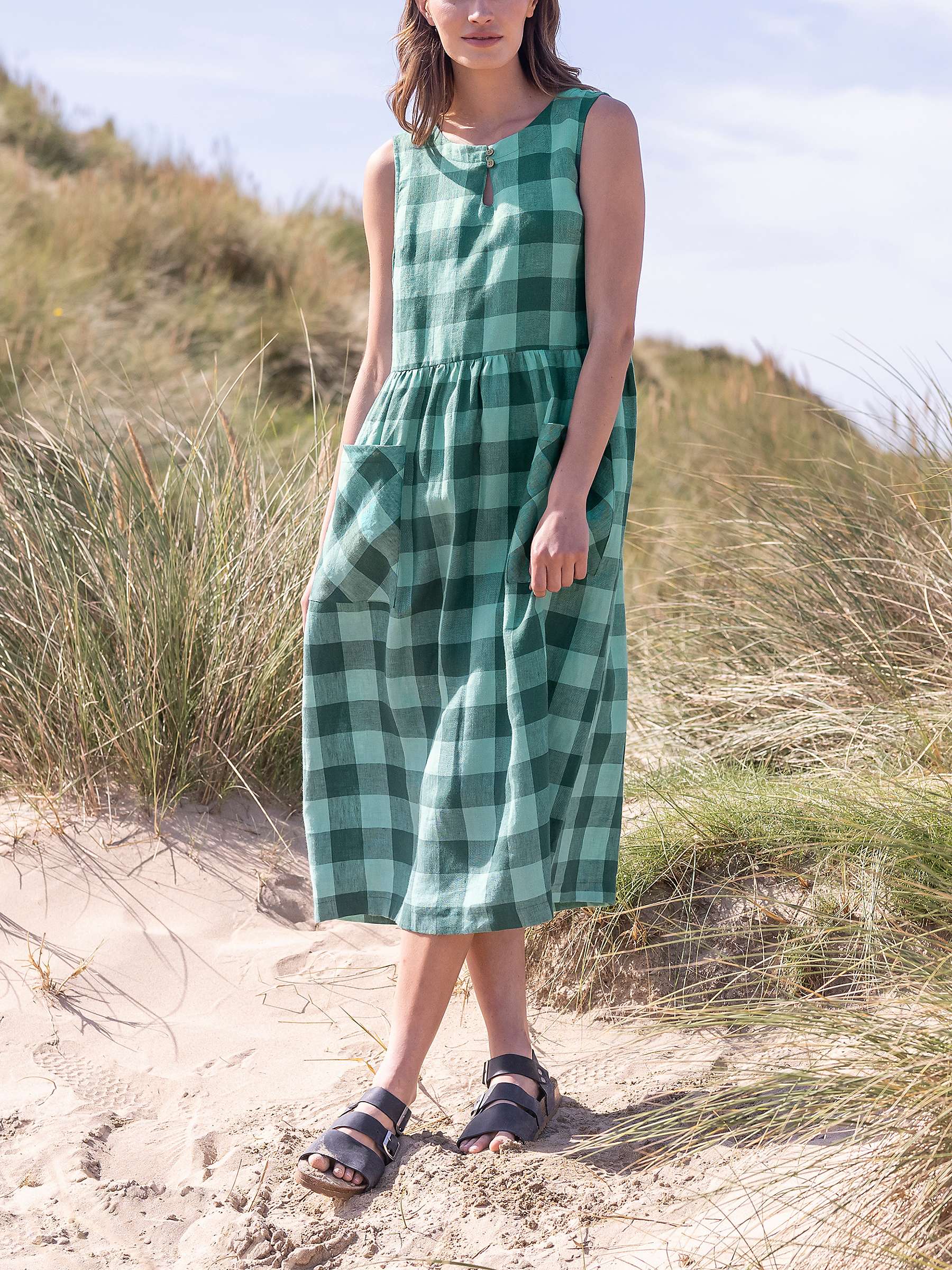 Buy Celtic & Co. Linen Button Detail Check Midi Dress, Sea Green Online at johnlewis.com
