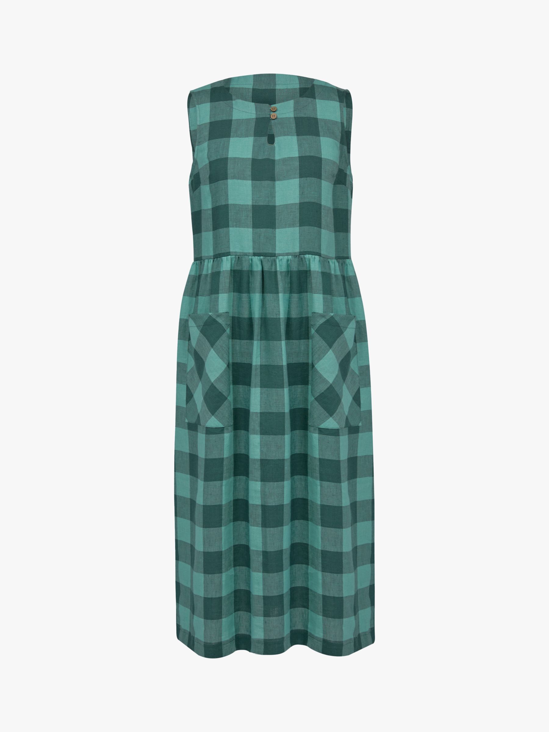 Celtic & Co. Linen Button Detail Check Midi Dress, Sea Green, 8
