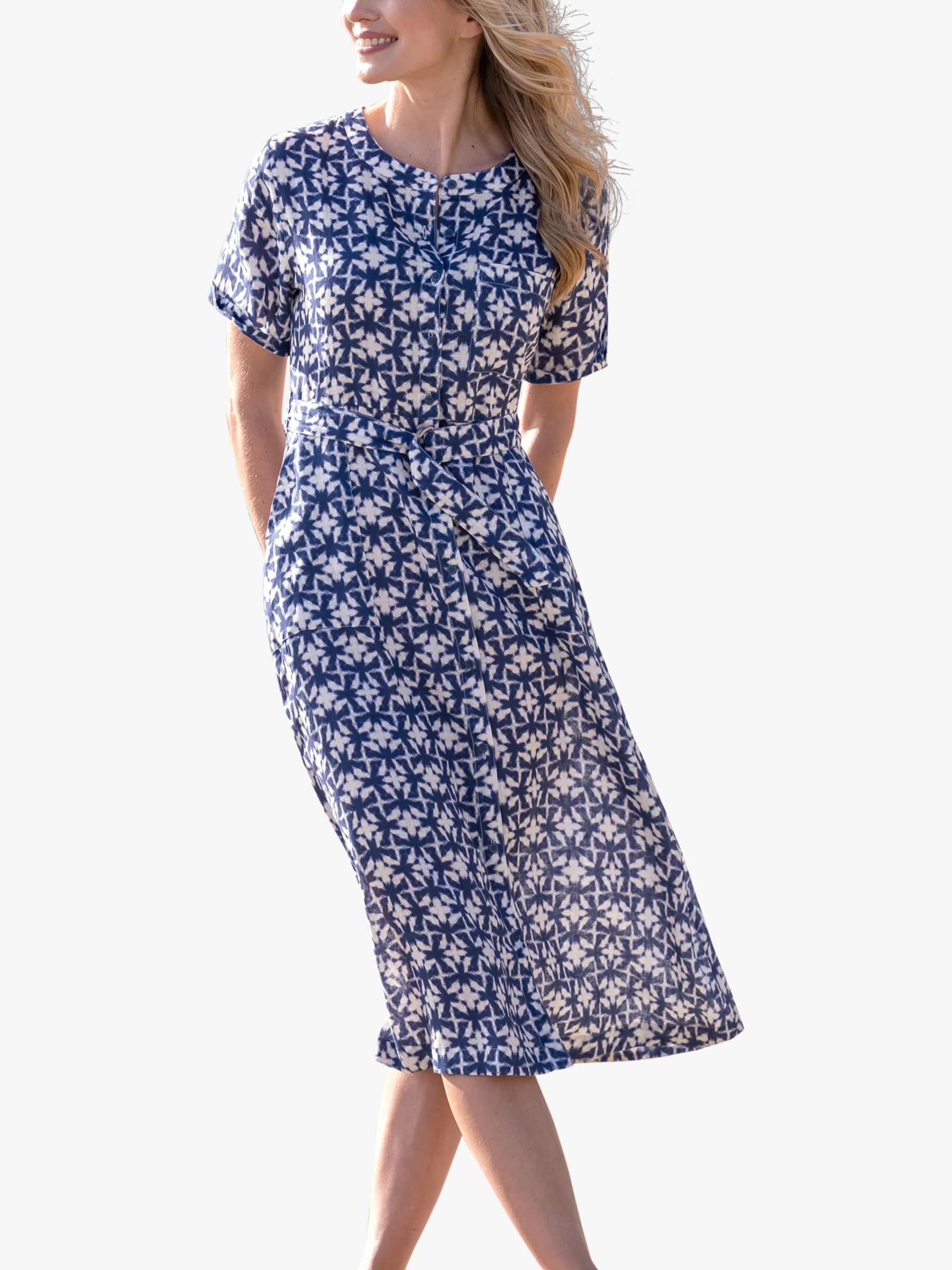 Celtic & Co. Linen Button Through Midi Dress, Blue Block Print, 8