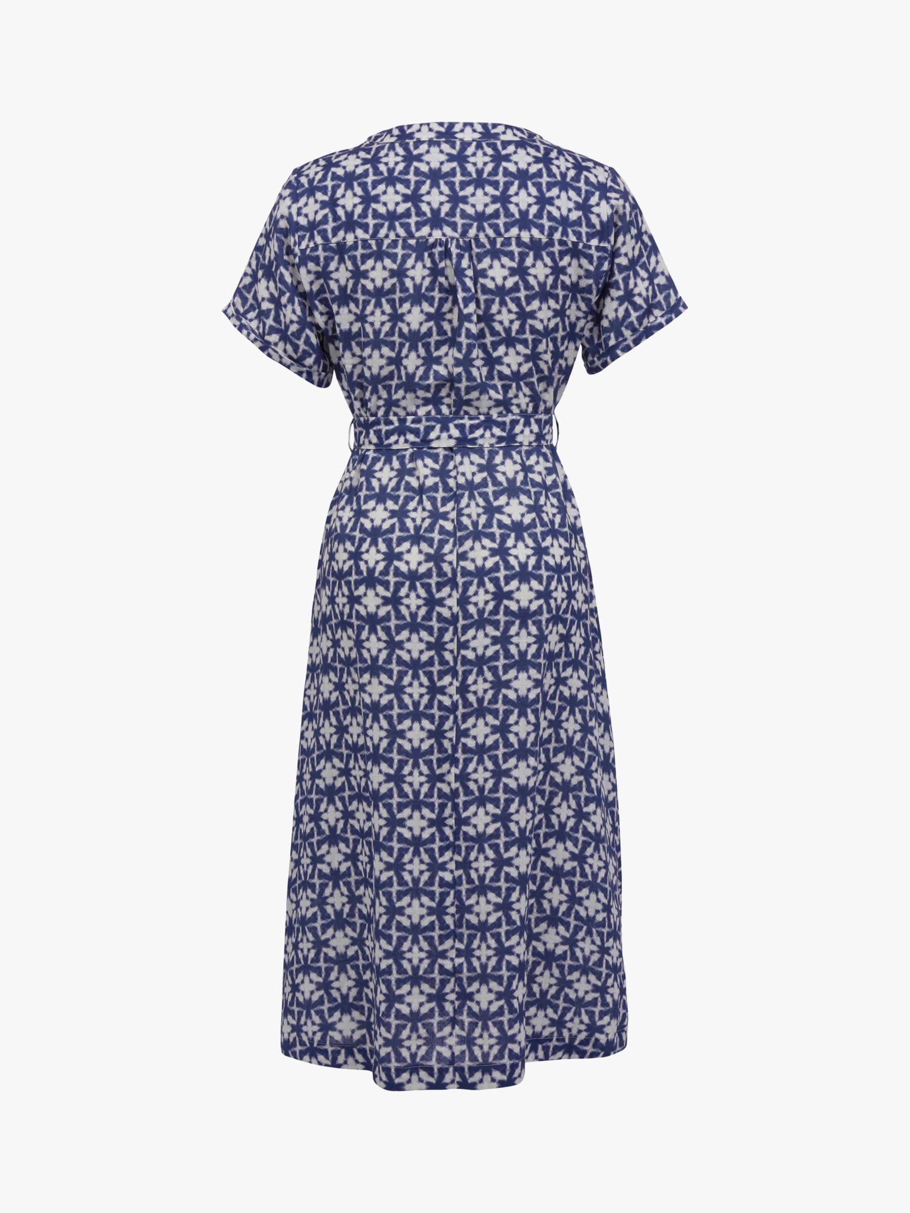Celtic & Co. Linen Button Through Midi Dress, Blue Block Print, 8
