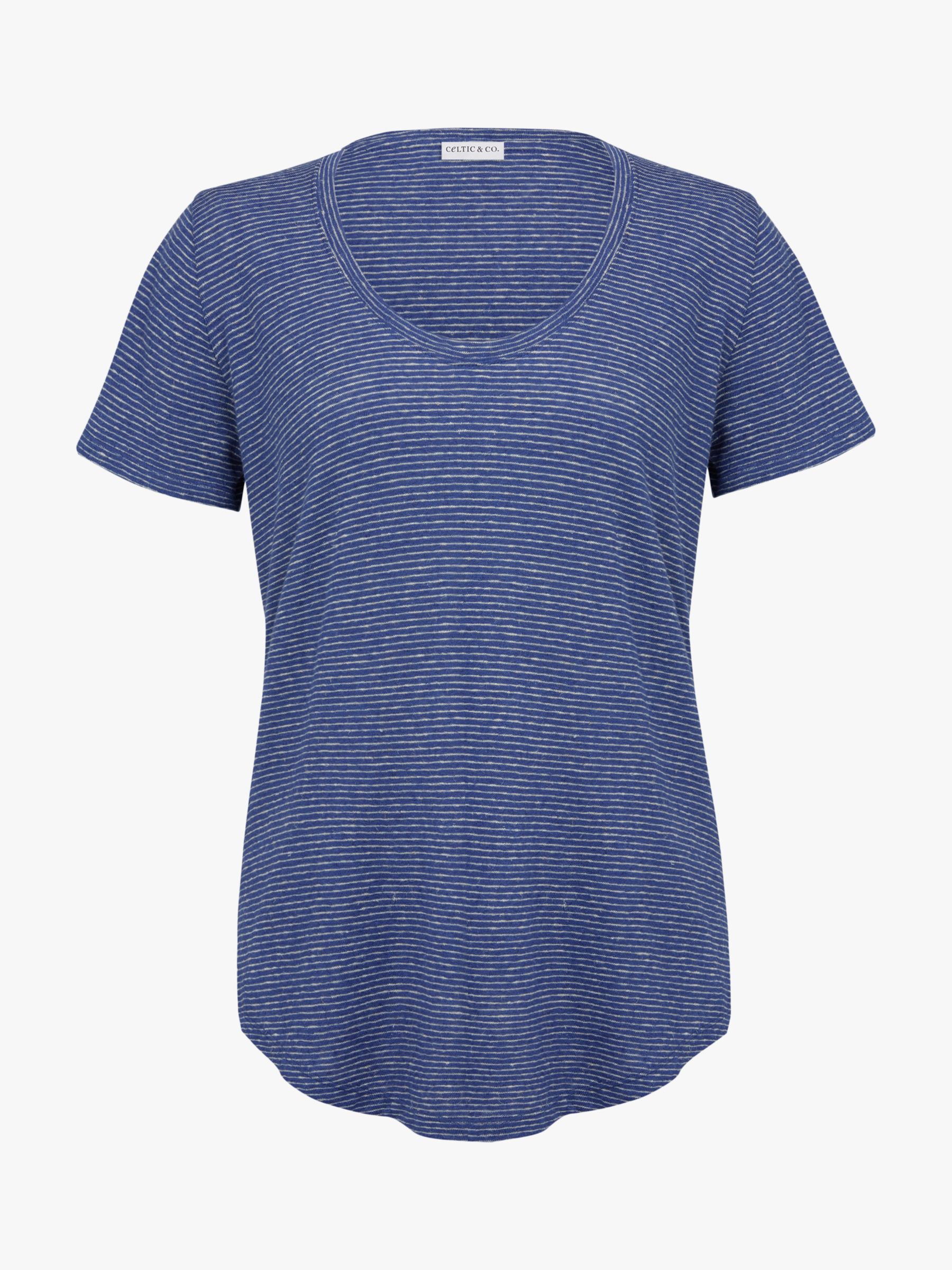 Celtic & Co. Linen Cotton Blend Striped Scoop Neck T-Shirt, Blue Ink ...