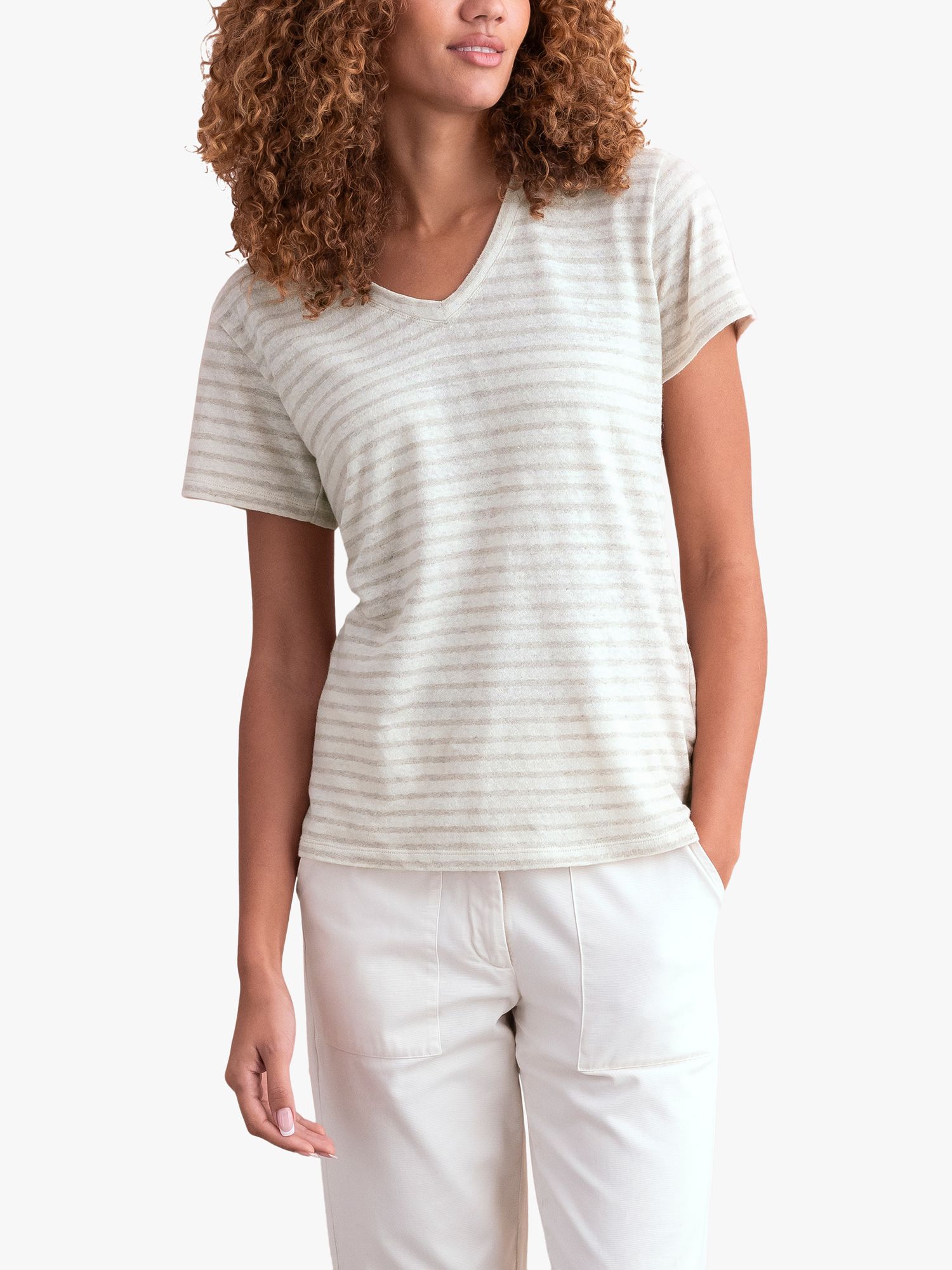 Celtic & Co. Linen Cotton Blend V-Neck T-Shirt, Ecru Oatmeal Stripe, 8
