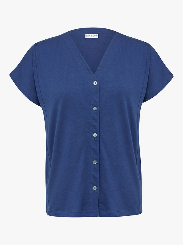 Celtic & Co. Organic Cotton Button Short Sleeve Jersey Top, Blue