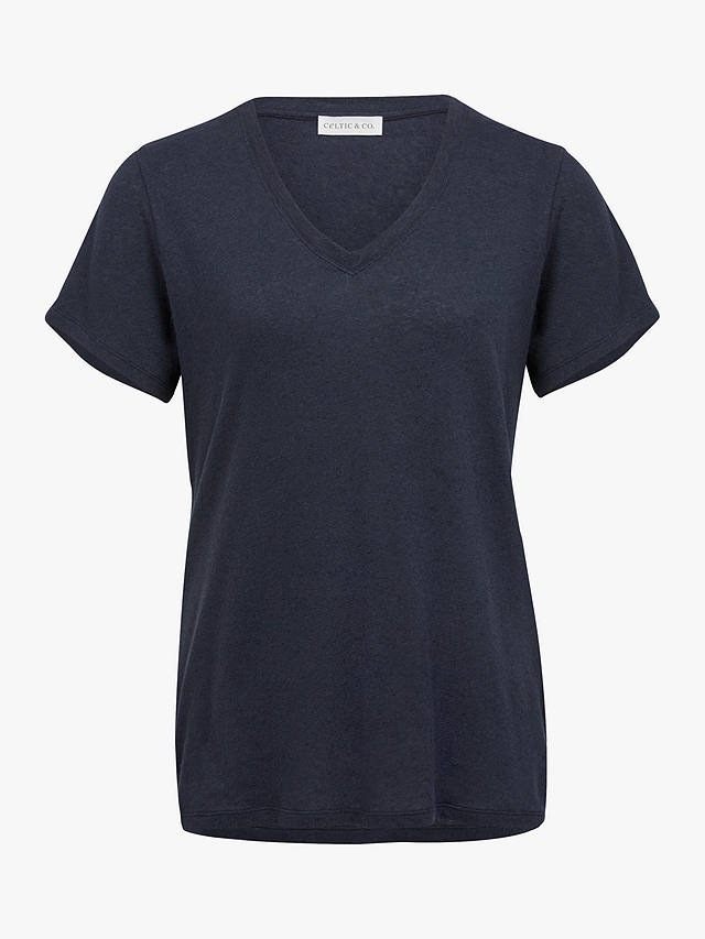 Celtic & Co. Linen Blend Short Sleeve V Neck T-Shirt, Navy