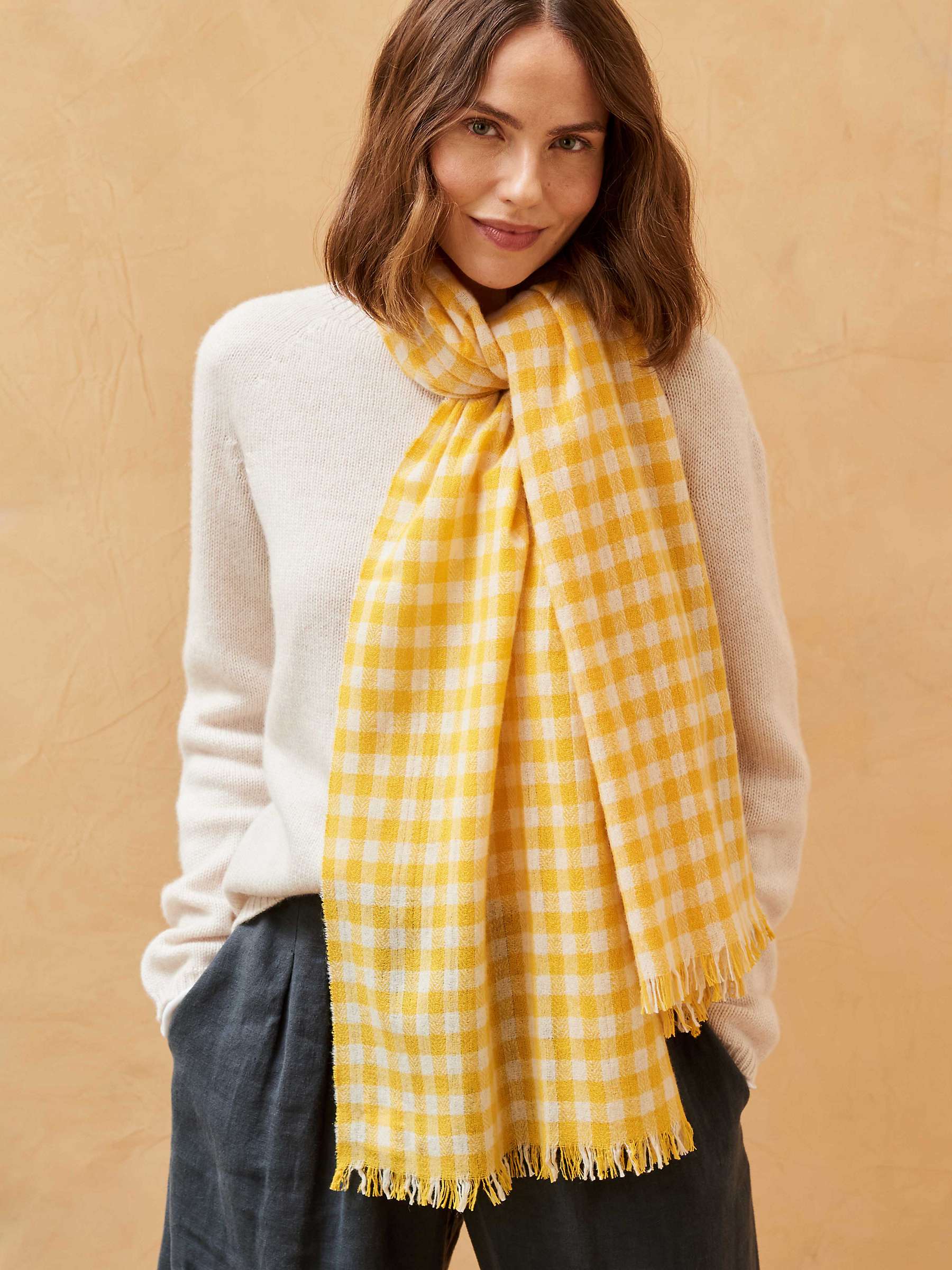 Buy Brora Gingham Cashmere Scarf, Daffodil/Cream Online at johnlewis.com