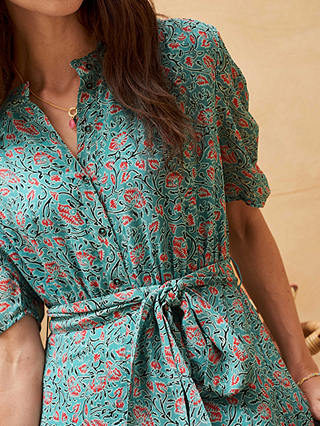 Brora Floral Block Print Silk Midi Dress, Ocean/Multi