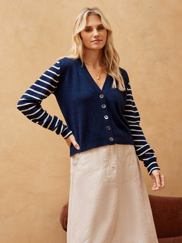 Brora Cashmere Contrast Sleeve Cardigan, French Navy & Swan