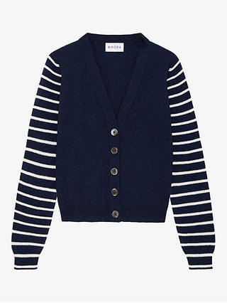 Brora Cashmere Contrast Sleeve Cardigan, French Navy & Swan
