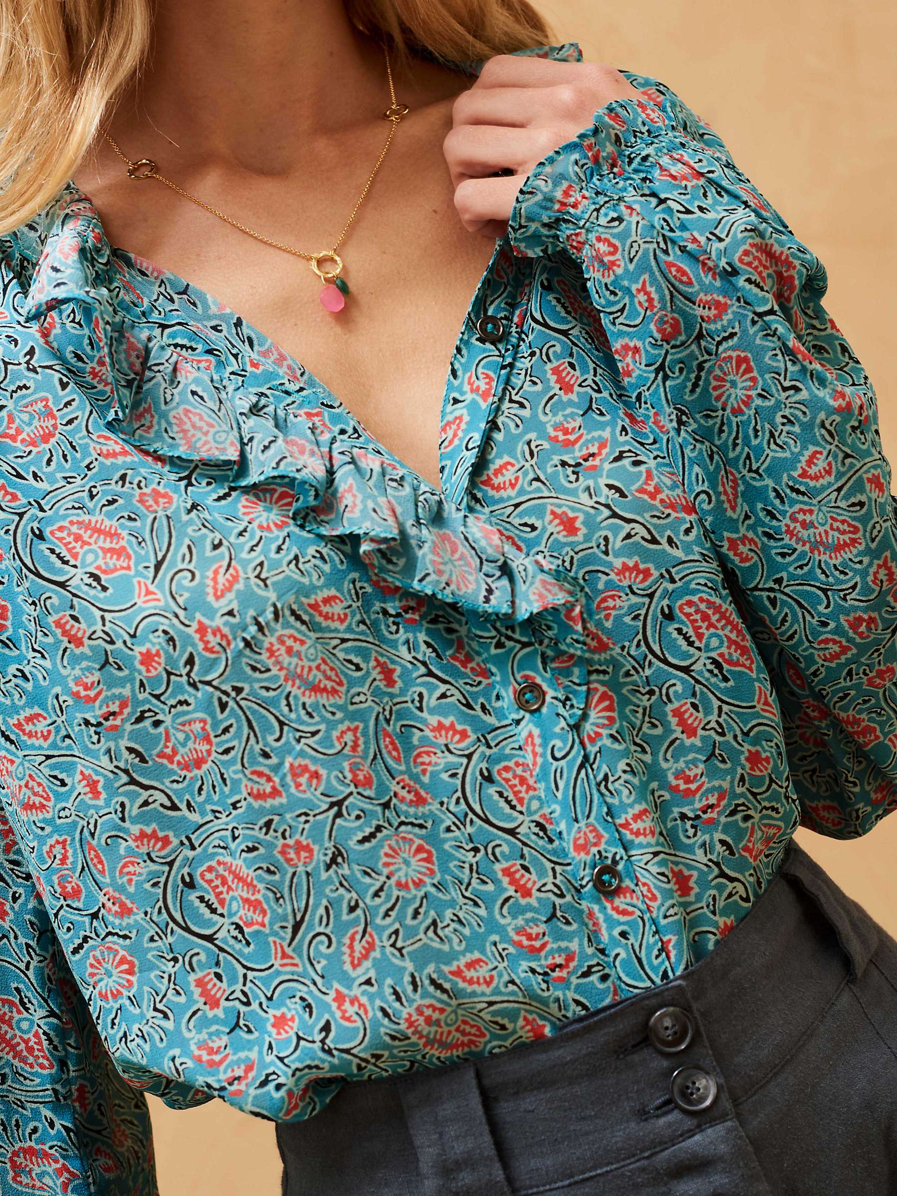 Buy Brora Floral Block Print Ruffle Collar Silk Blouse, Ocean/Multi Online at johnlewis.com