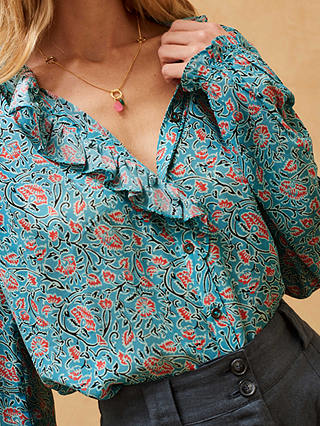 Brora Floral Block Print Ruffle Collar Silk Blouse, Ocean/Multi