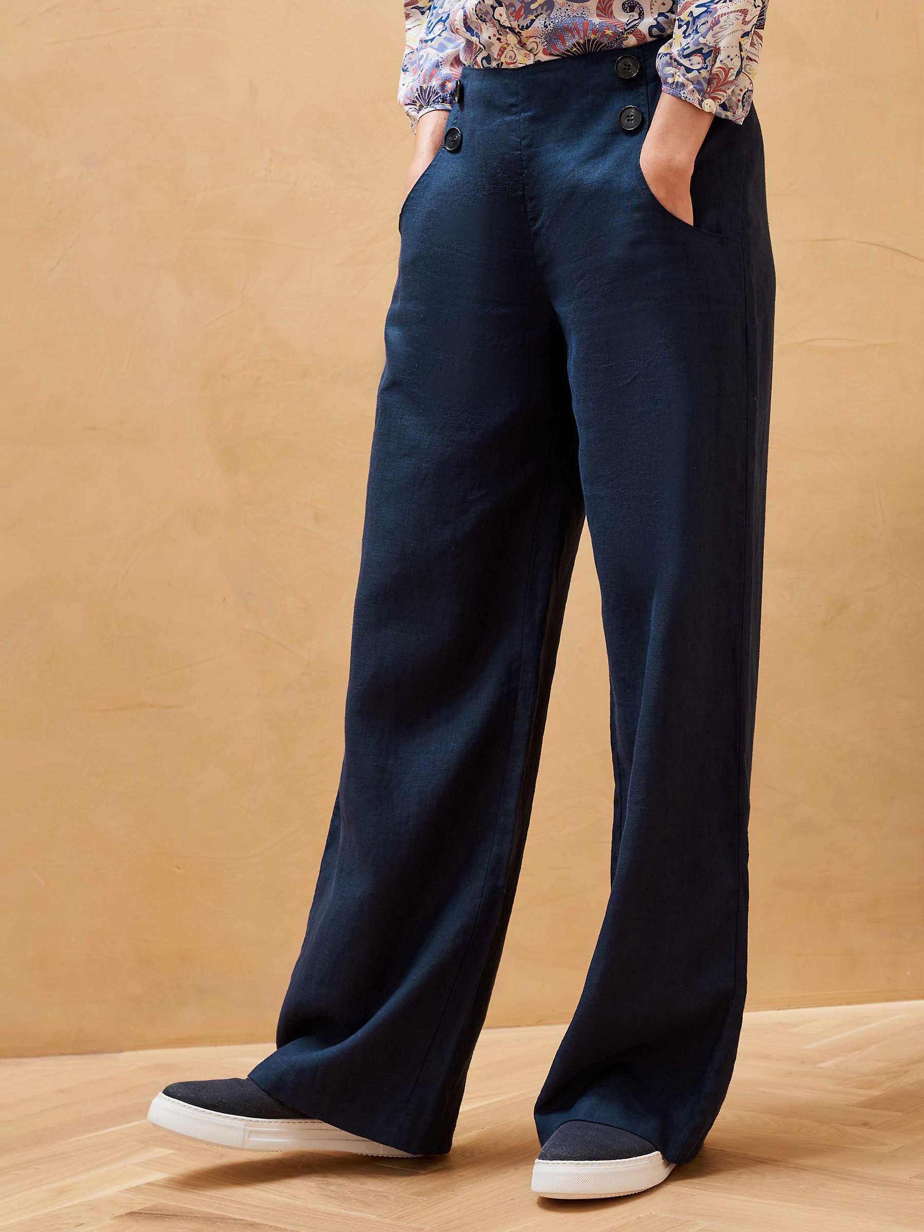 Buy Brora Linen Button Front Trousers, Navy Online at johnlewis.com