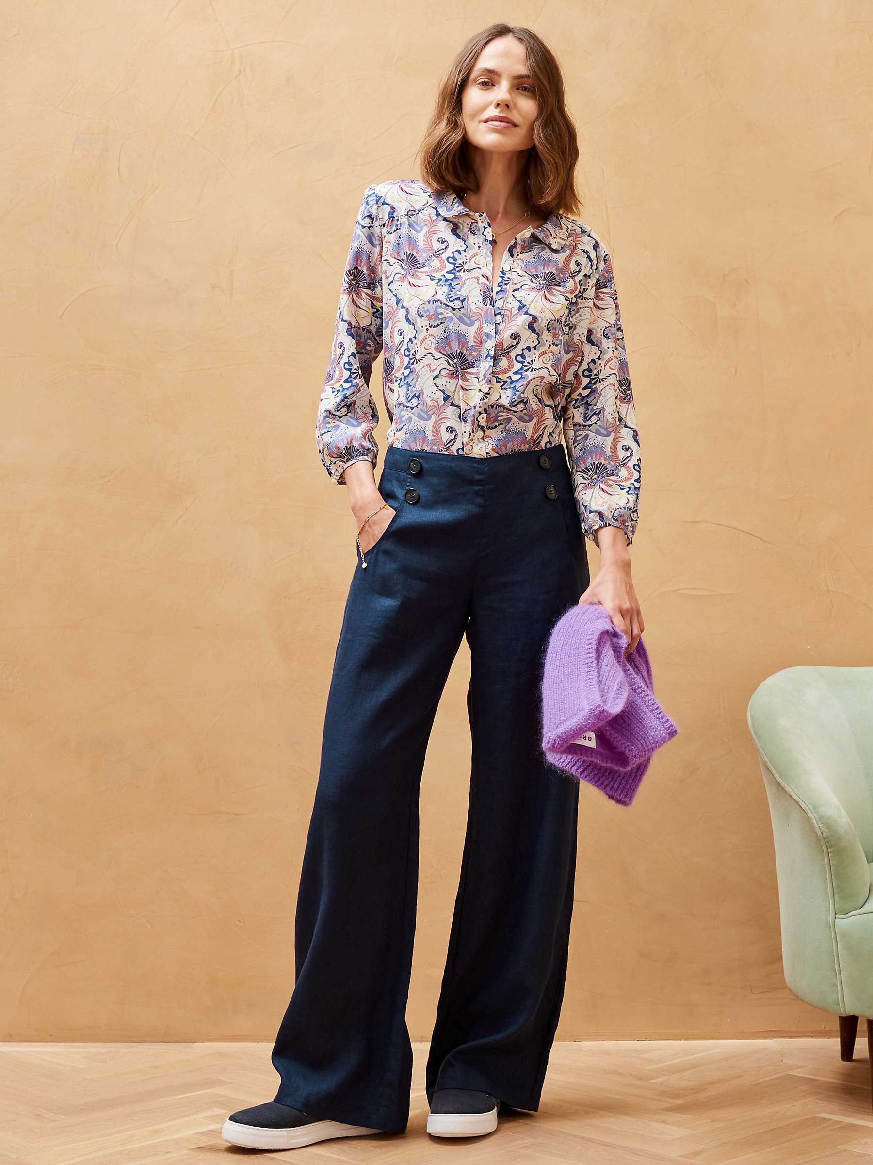 Buy Brora Linen Button Front Trousers, Navy Online at johnlewis.com