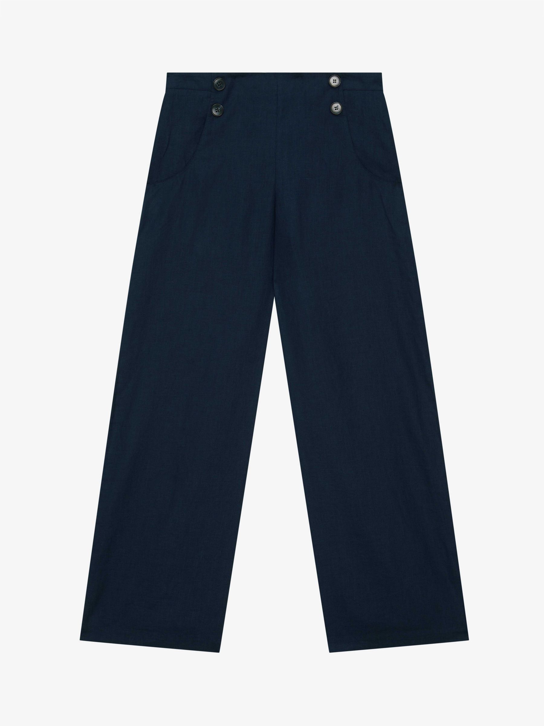Brora Linen Button Front Trousers, Navy, 6