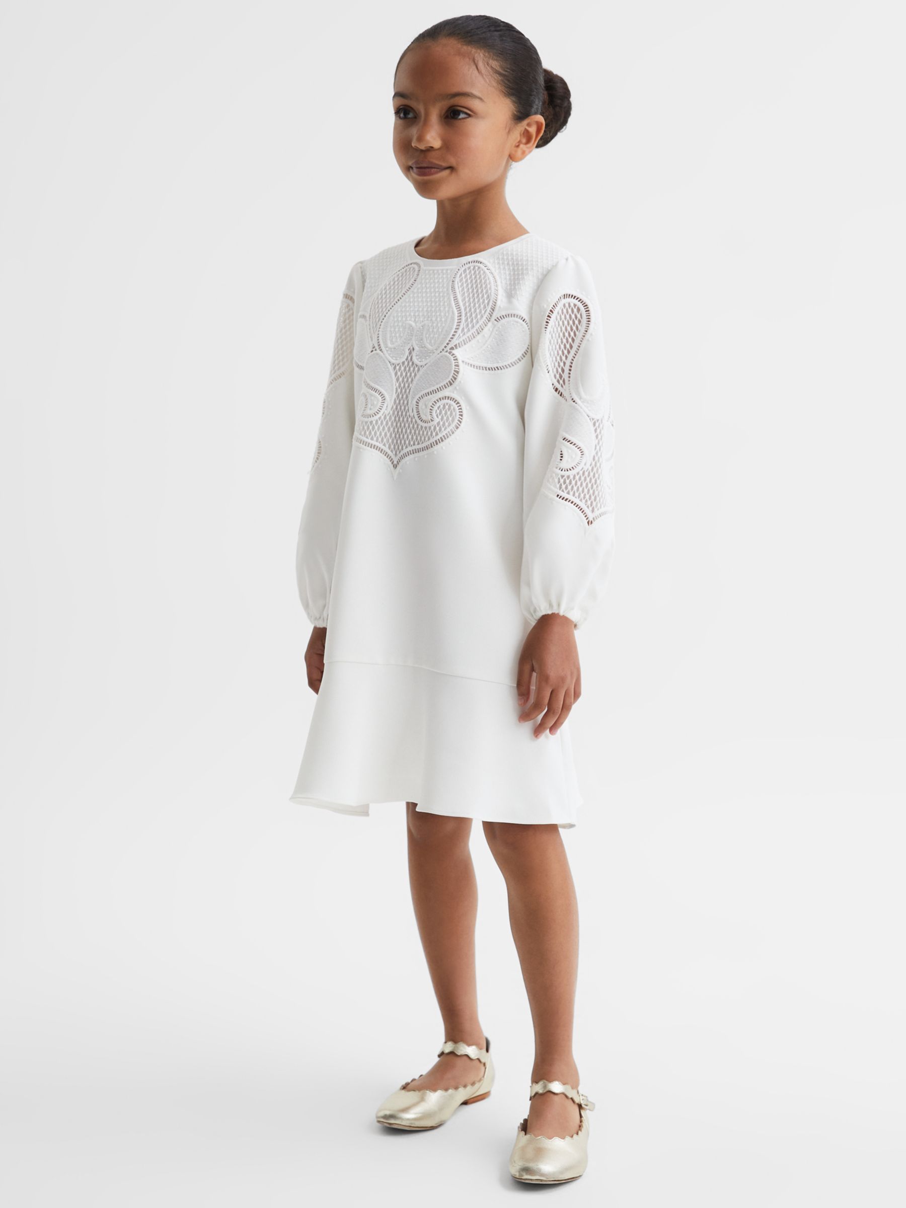 Reiss Kids' Toya Floral Embroidered Dress, Ivory, 11-12 years