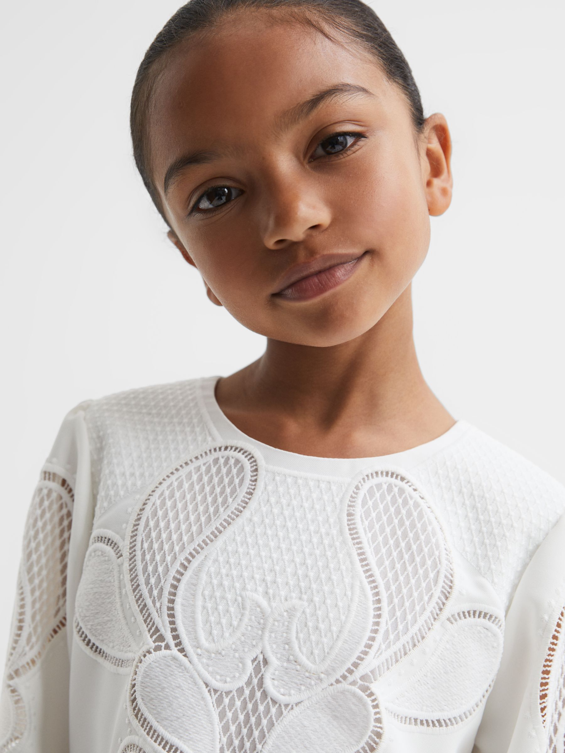 Reiss Kids' Toya Floral Embroidered Dress, Ivory, 11-12 years