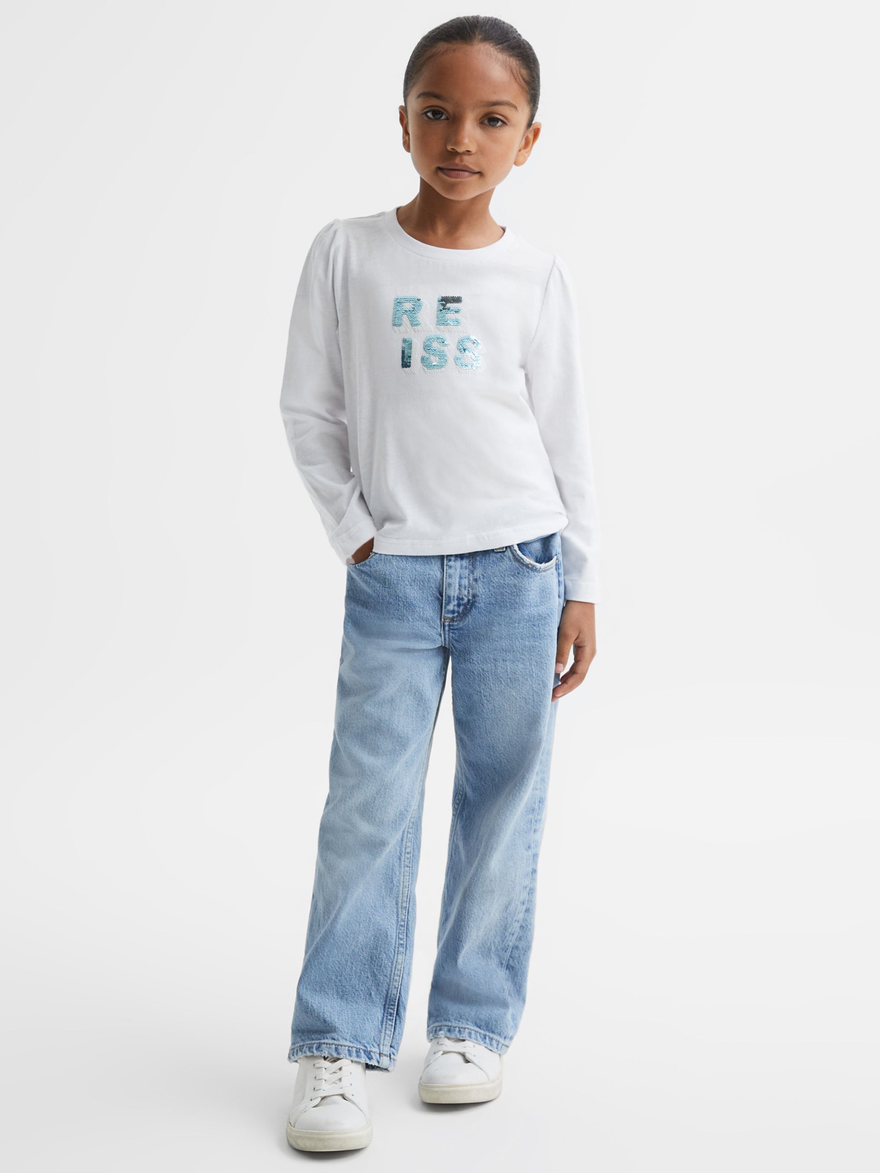 Buy Reiss Kids' Ria Sequin Logo Long Sleeve T-Shirt, White Online at johnlewis.com