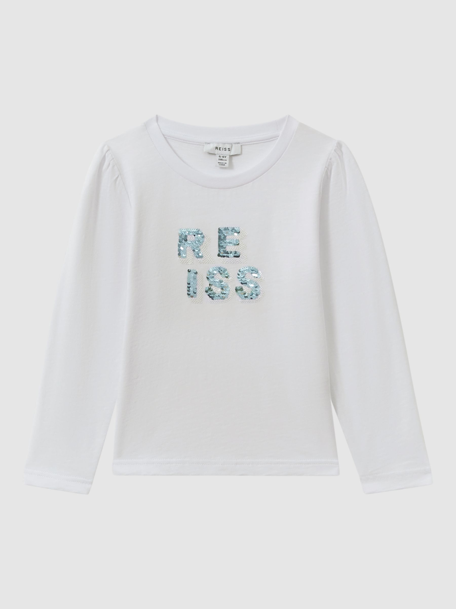 Reiss Kids' Ria Sequin Logo Long Sleeve T-Shirt, White, 5-6 years
