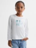 Reiss Kids' Ria Sequin Logo Long Sleeve T-Shirt, White, White